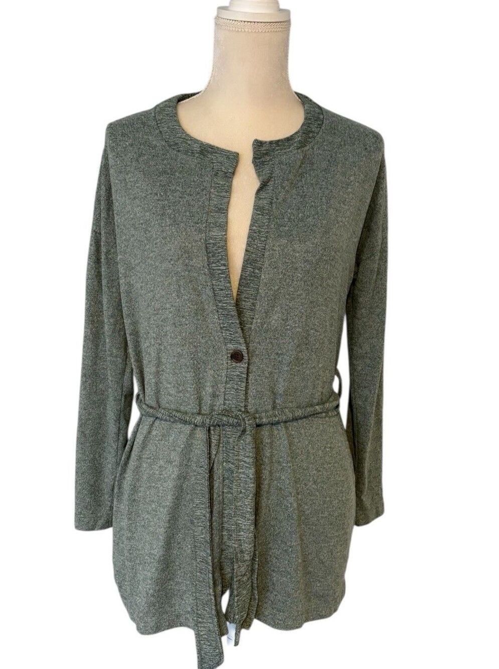 Cuddl Duds Soft Knit One Button Cardigan Robe Size Small Thyme Green Heather - Picture 2 of 15
